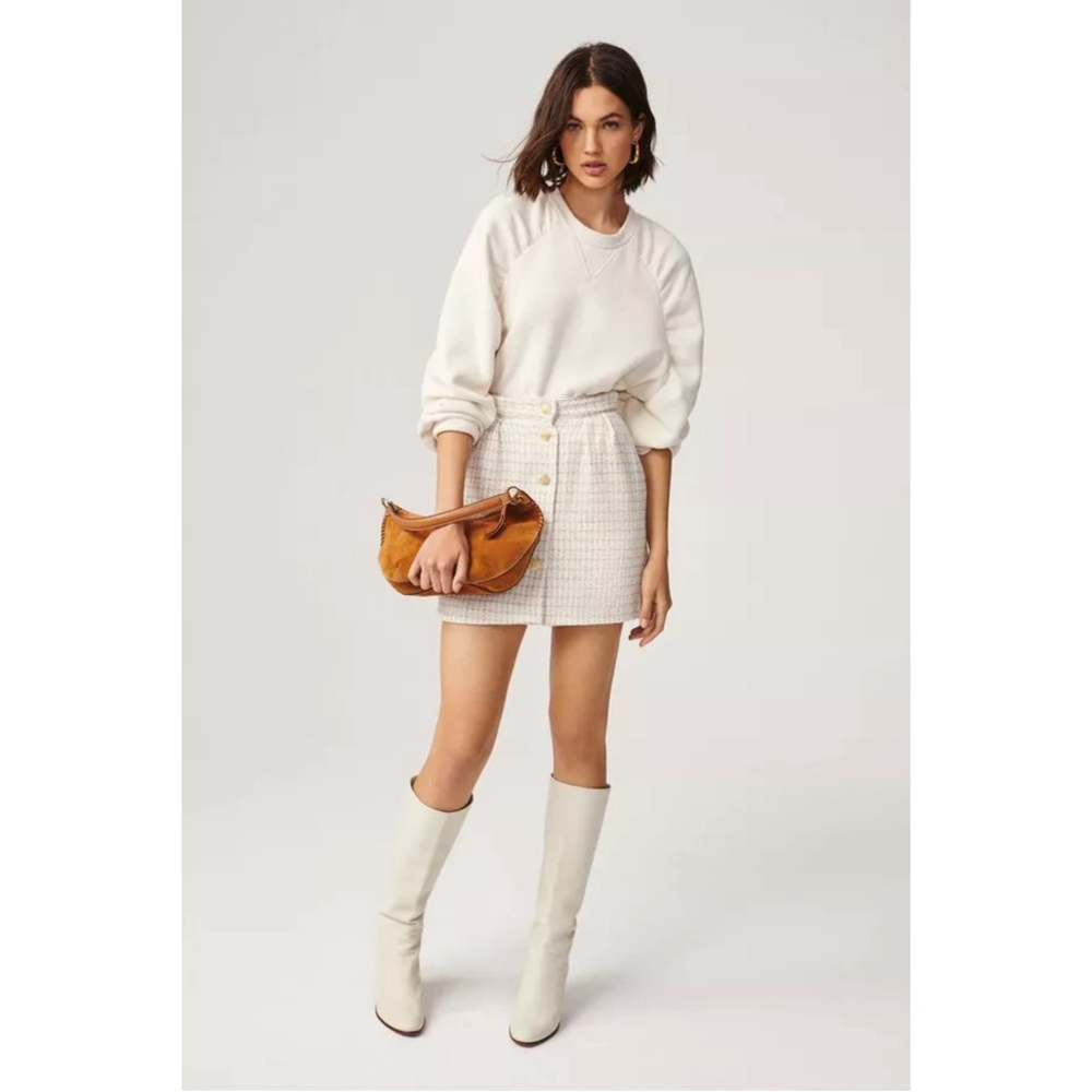 BNWT BA&SH Ecru Off-White Tweed Mini Skirt 2 M Button Front Metallic Thread